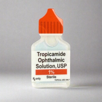 Tropicamide - Illustration d’un flacon et goutte oculaire